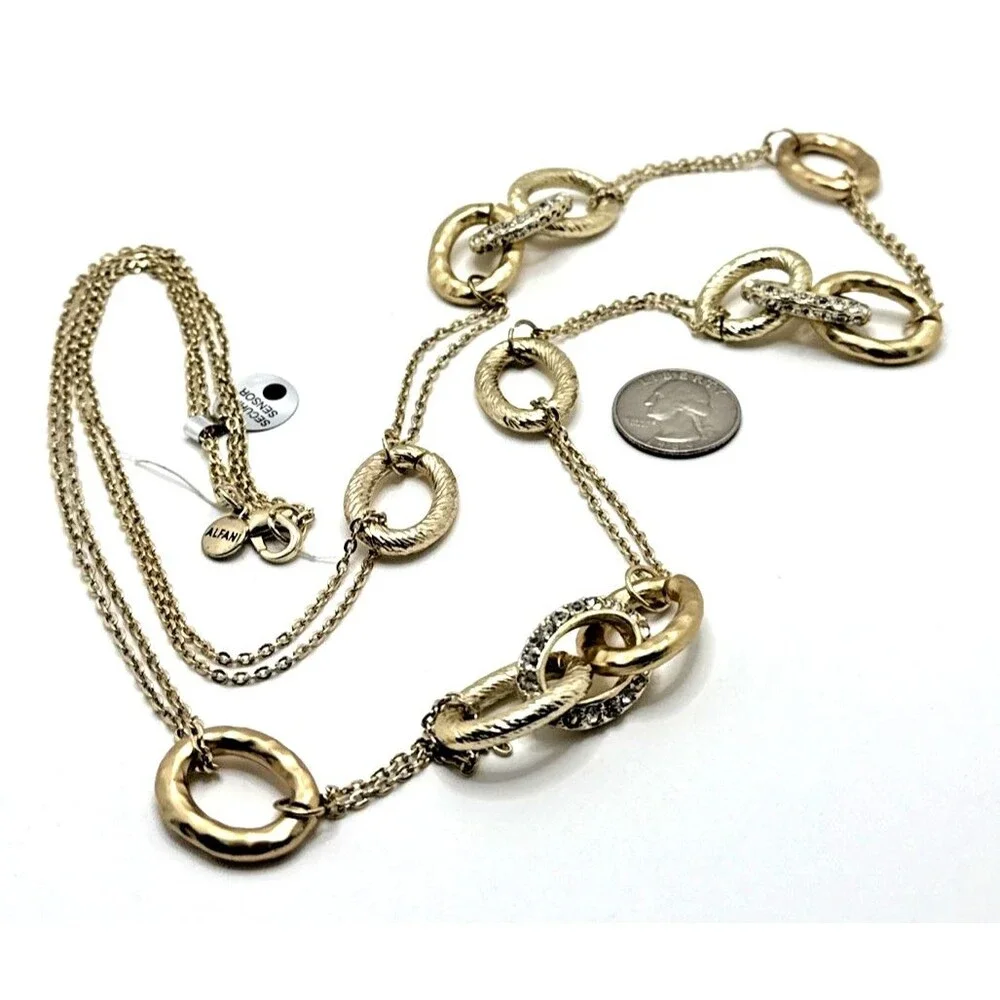 New Alfani Rhinestone Gold Tone Station Necklace Oval Textured Links 42” NWT
